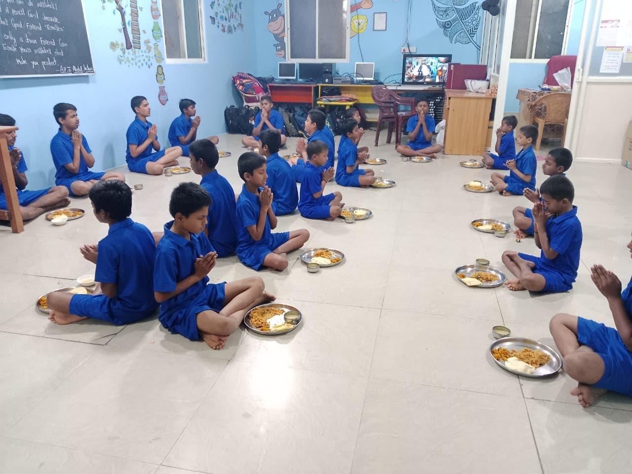 Boys in Royal Blue Chanting Shlokas Before Lunch